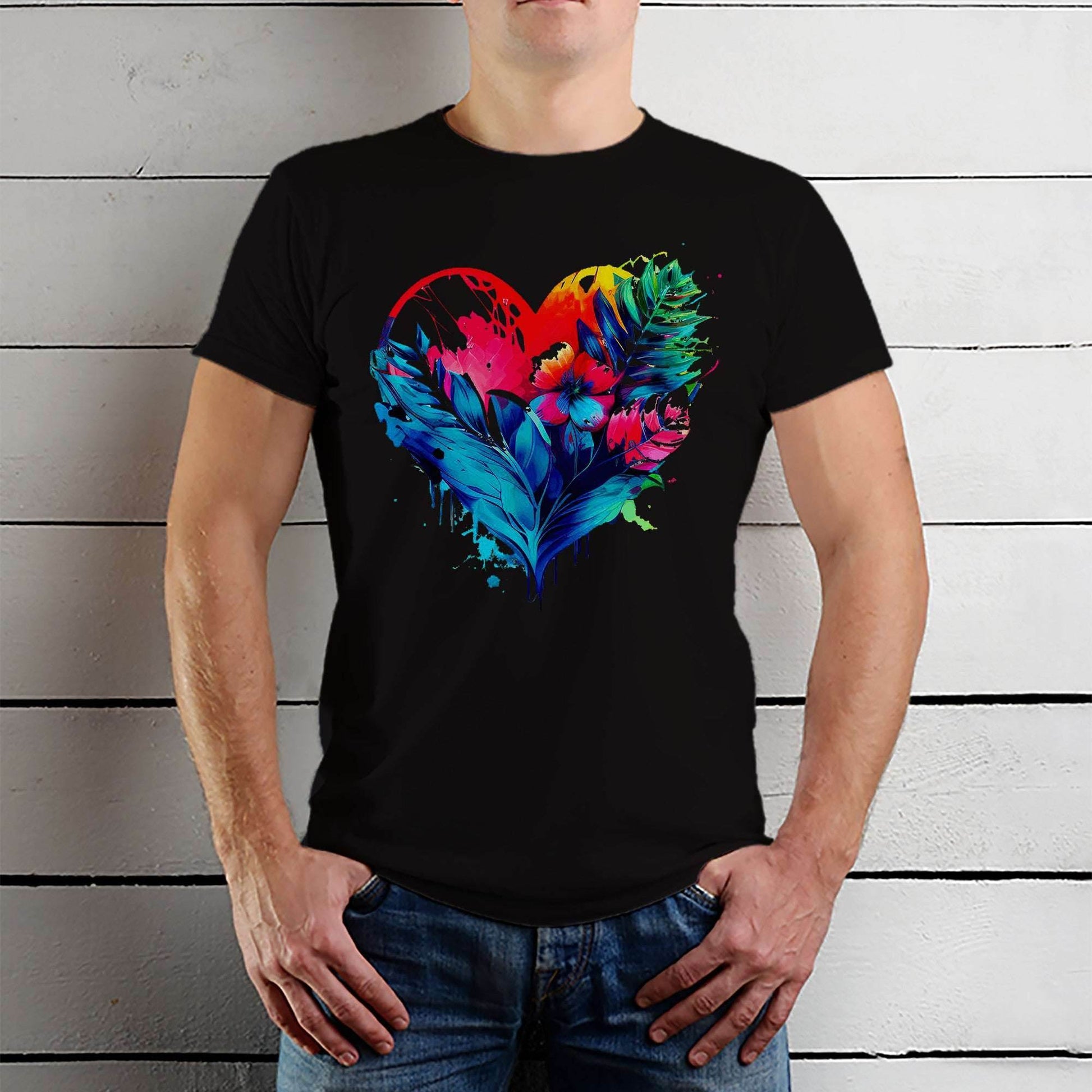 Oil painting of a heart with vines and flowers - Unisex Round Neck Regular Fit 100% Combed Cotton Half Sleeve T-Shirt - Mojilo Mart
