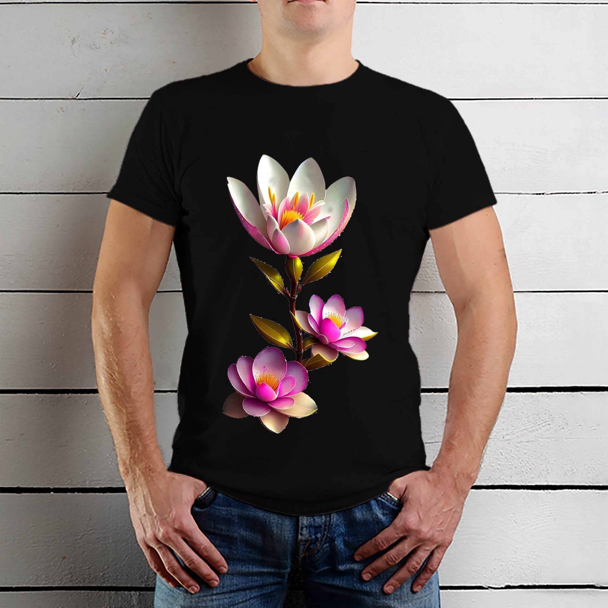 Pink Magnolia flower - Unisex Round Neck Regular Fit 100% Combed Cotton Half Sleeve T-Shirt - Mojilo Mart