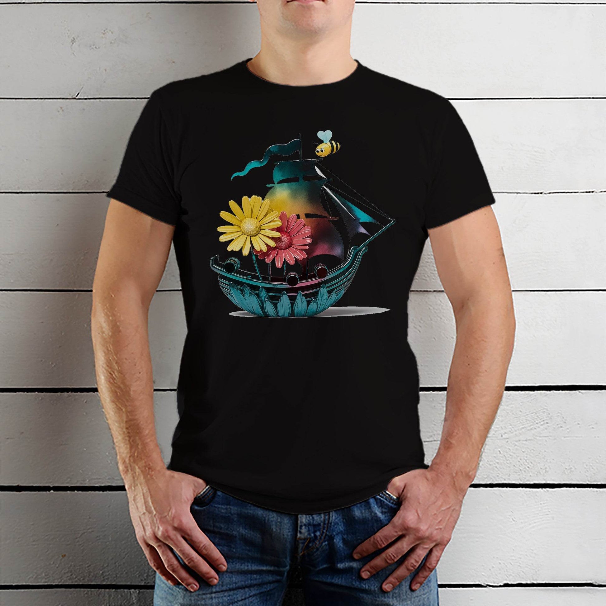 Pirate Ship Flower - Unisex Round Neck Regular Fit 100% Combed Cotton Half Sleeve T-Shirt (Copy) - Mojilo Mart