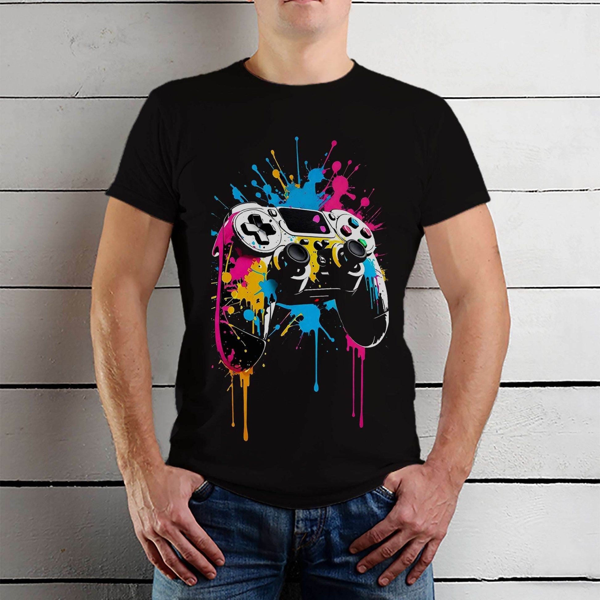 Playstation controller with a multi-coloured ink splash - Unisex Round Neck Regular Fit 100% Combed Cotton Half Sleeve T-Shirt - Mojilo Mart