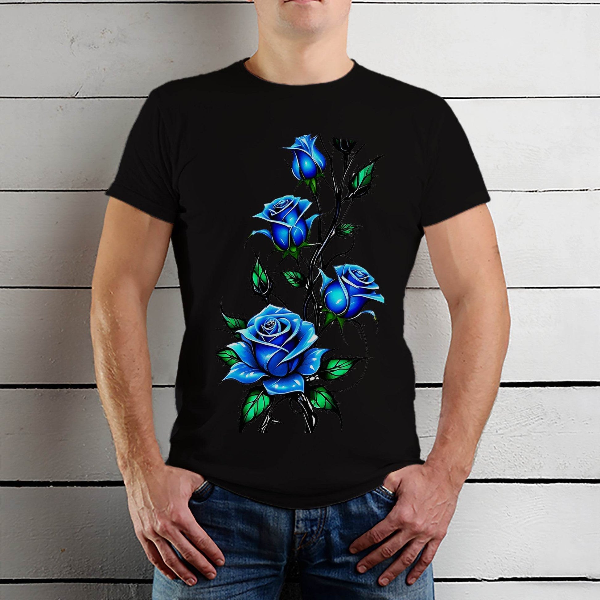 Rose In BLUE Color - Unisex Round Neck Regular Fit 100% Combed Cotton Half Sleeve T-Shirt - Mojilo Mart