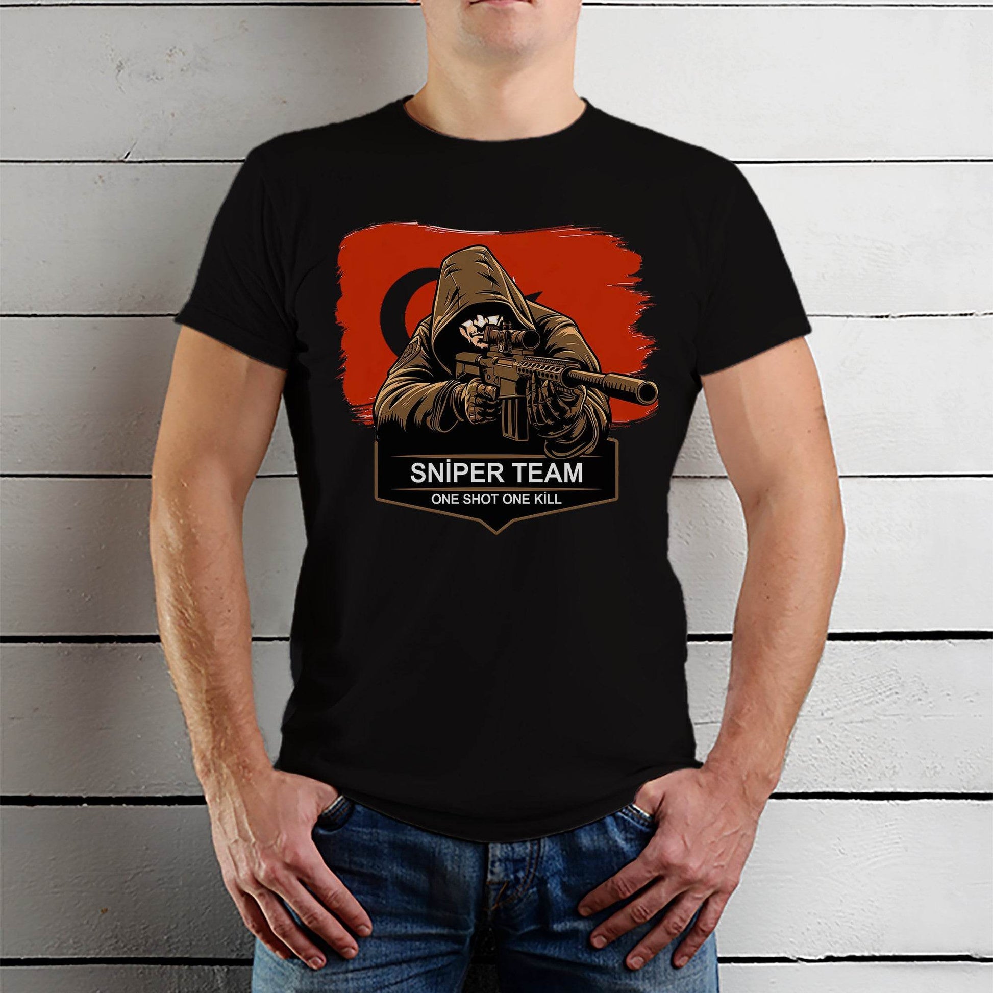 SNIPER TEAM ONE SHOT ONE K?LL - Unisex Round Neck Regular Fit 100% Combed Cotton Half Sleeve T-Shirt - Mojilo Mart