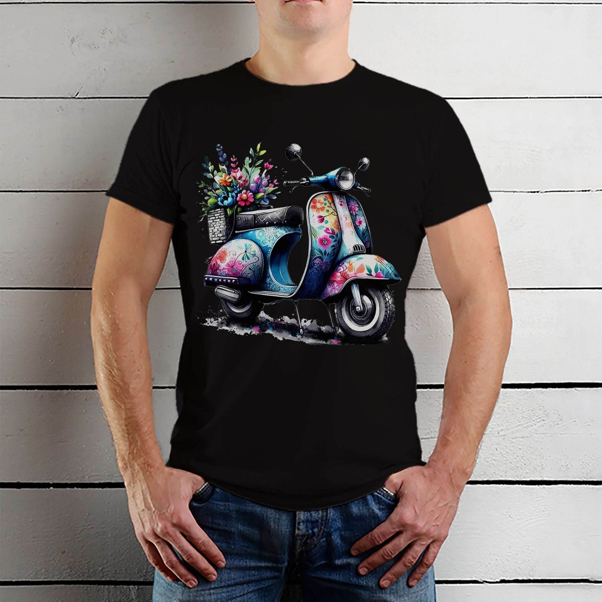Scooter with Various Flowers Clipart - Unisex Round Neck Regular Fit 100% Combed Cotton Half Sleeve T-Shirt - Mojilo Mart