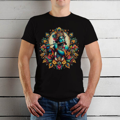 Serene Krishna Art Work - Unisex Round Neck Regular Fit 100% Combed Cotton Half Sleeve T-Shirt - Mojilo Mart