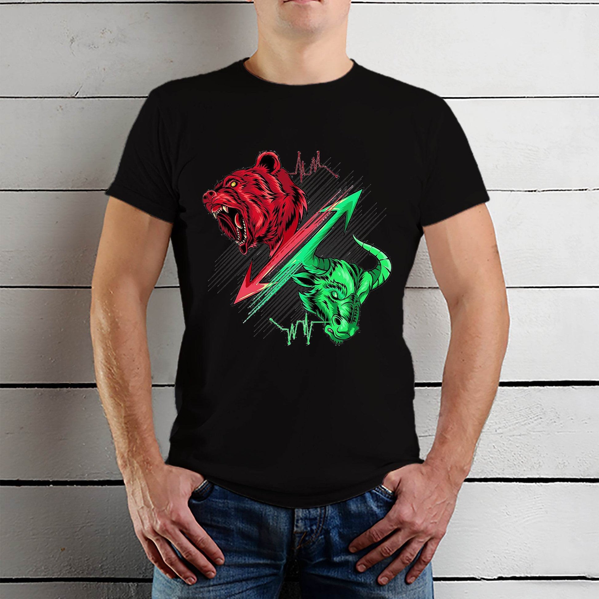 Stock Market Trader Bull vs Bear Vintage - Unisex Round Neck Regular Fit 100% Combed Cotton Half Sleeve T-Shirt - Mojilo Mart