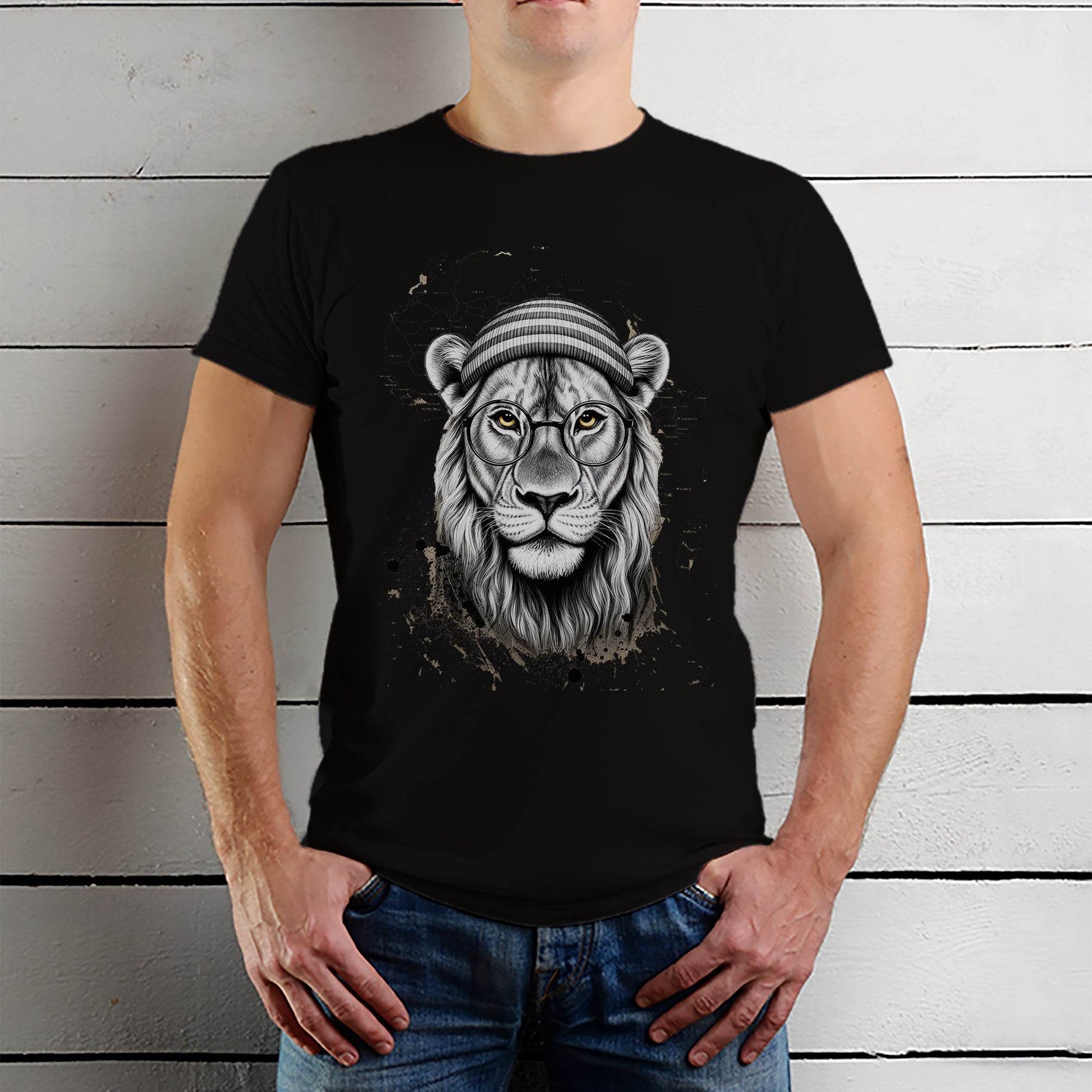 The Head Of A Lion With Glasses Drawn - Unisex Round Neck Regular Fit 100% Combed Cotton Half Sleeve T-Shirt - Mojilo Mart