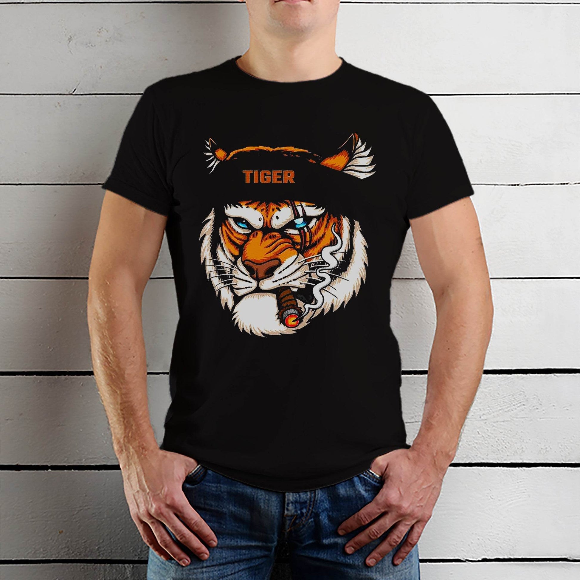 Tiger Head Wearing Bandana While Smoking - Unisex Round Neck Regular Fit 100% Combed Cotton Half Sleeve T-Shirt - Mojilo Mart
