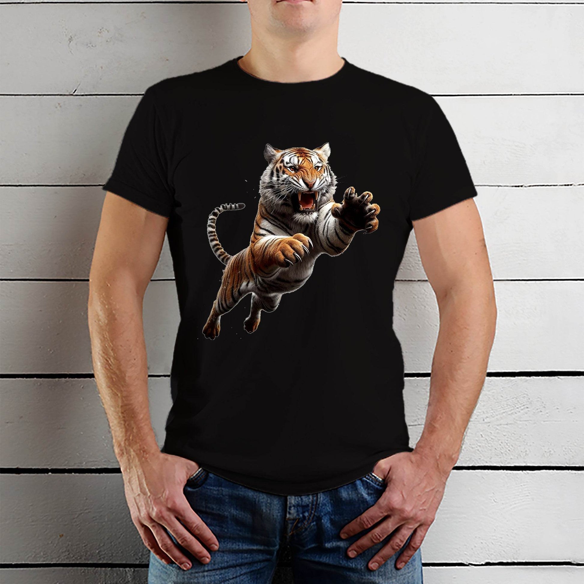 Tiger Jumping Bengal - Unisex Round Neck Regular Fit 100% Combed Cotton Half Sleeve T-Shirt - Mojilo Mart