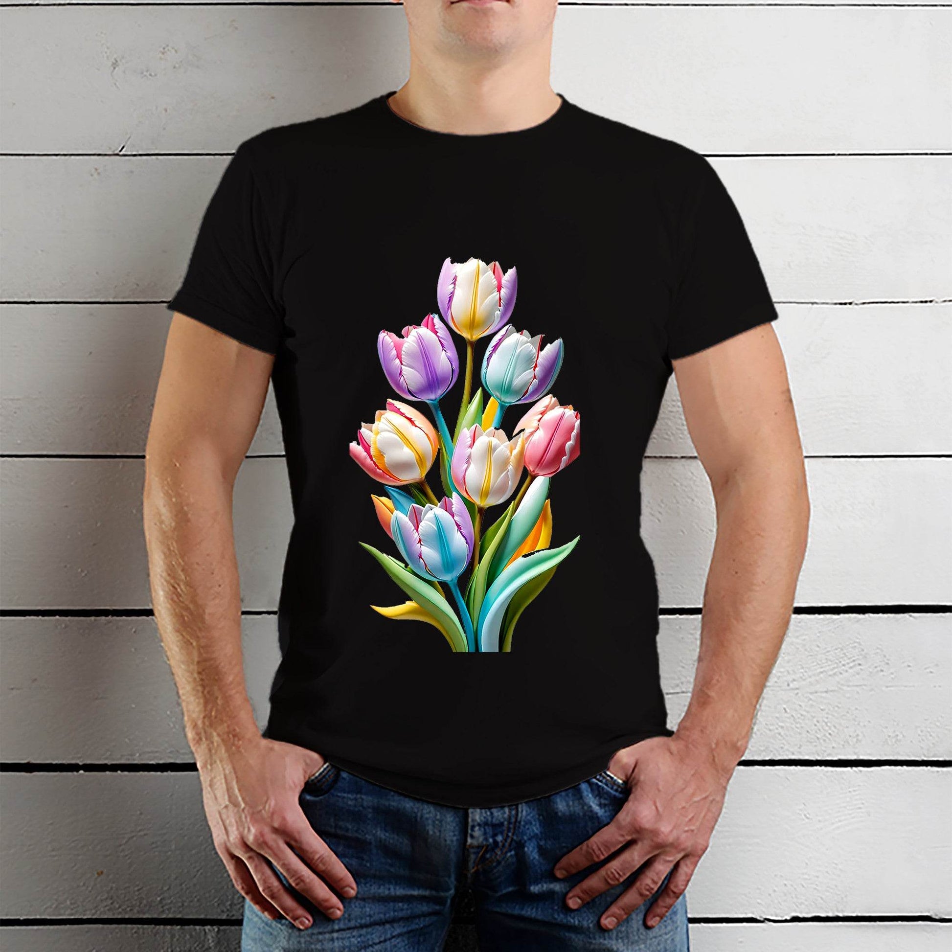 Tulips Flowers Plant Gardening Floral T-Shirt - Unisex Round Neck Regular Fit 100% Combed Cotton Half Sleeve T-Shirt - Mojilo Mart