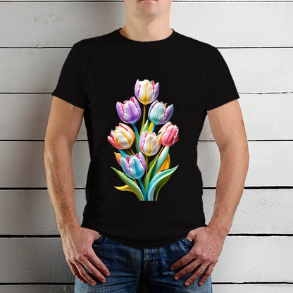 Tulips Flowers Plant Gardening Floral T-Shirt - Unisex Round Neck Regular Fit 100% Combed Cotton Half Sleeve T-Shirt - Mojilo Mart