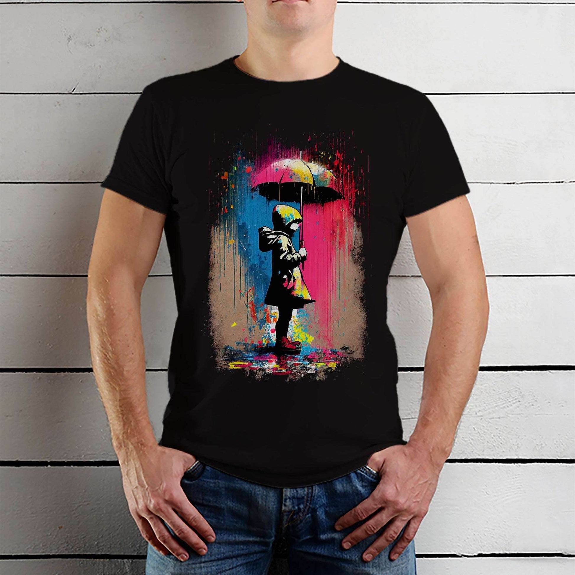 Umbrella Girl Rainbow Rain - Unisex Round Neck Regular Fit 100% Combed Cotton Half Sleeve T-Shirt - Mojilo Mart