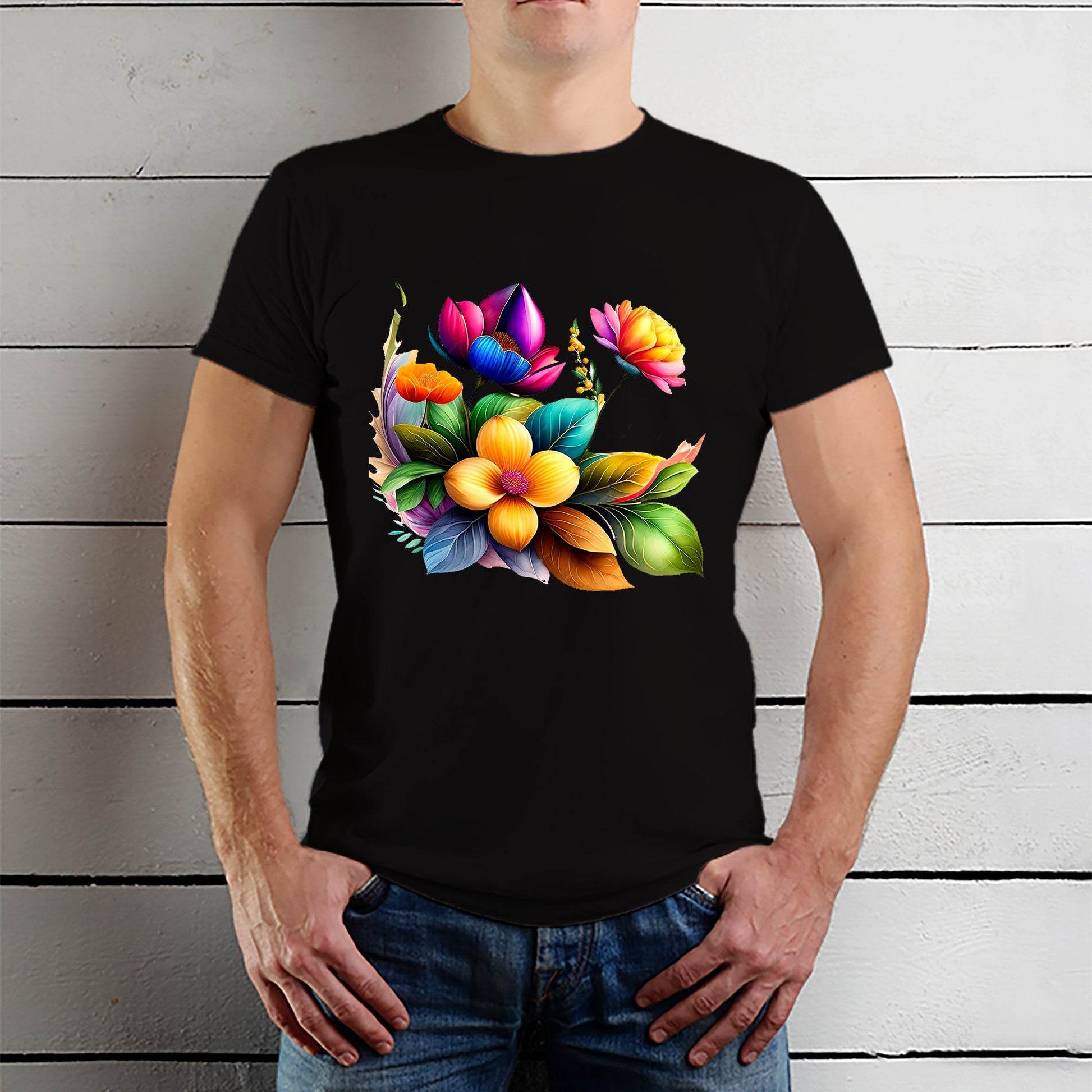 Vibrant Floral Bouquet Wild Nature - Unisex Round Neck Regular Fit 100% Combed Cotton Half Sleeve T-Shirt - Mojilo Mart