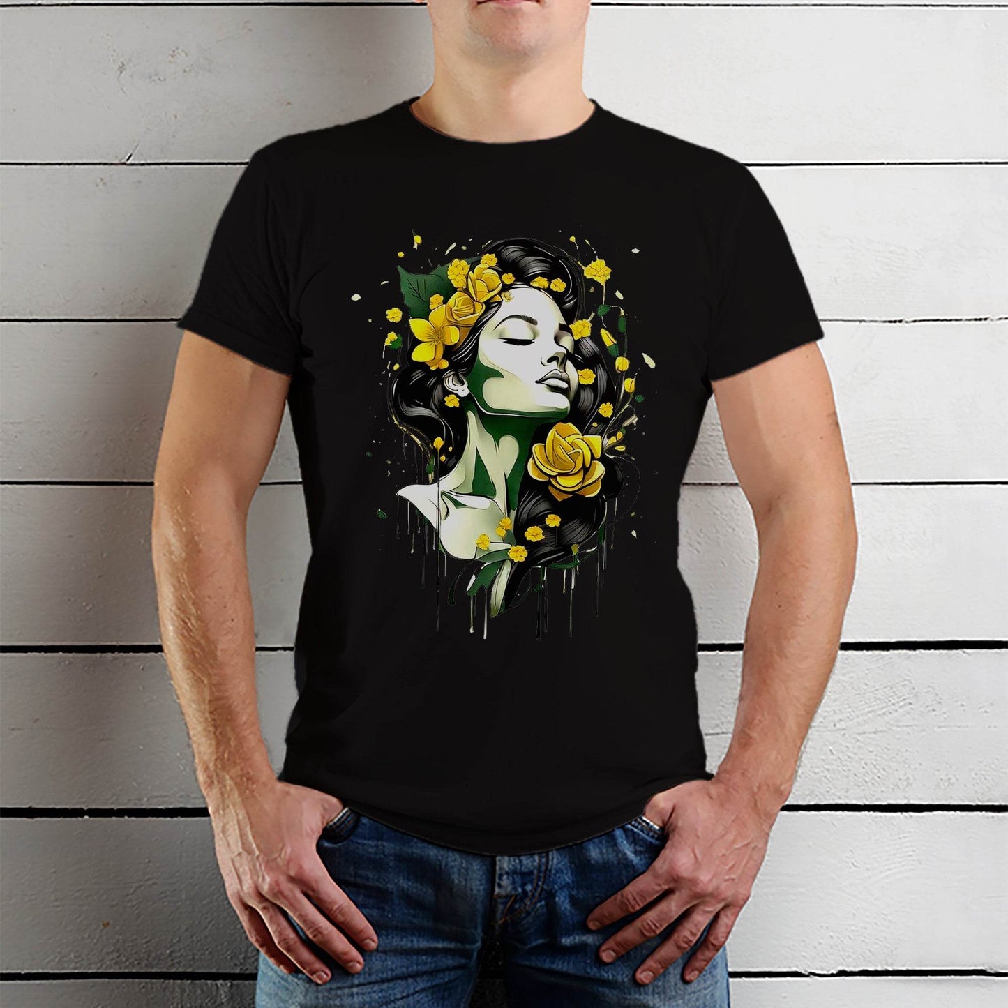 Woman with flowers art - Unisex Round Neck Regular Fit 100% Combed Cotton Half Sleeve T-Shirt - Mojilo Mart