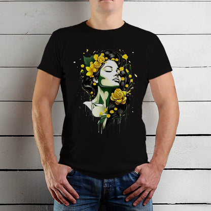 Woman with flowers art - Unisex Round Neck Regular Fit 100% Combed Cotton Half Sleeve T-Shirt - Mojilo Mart