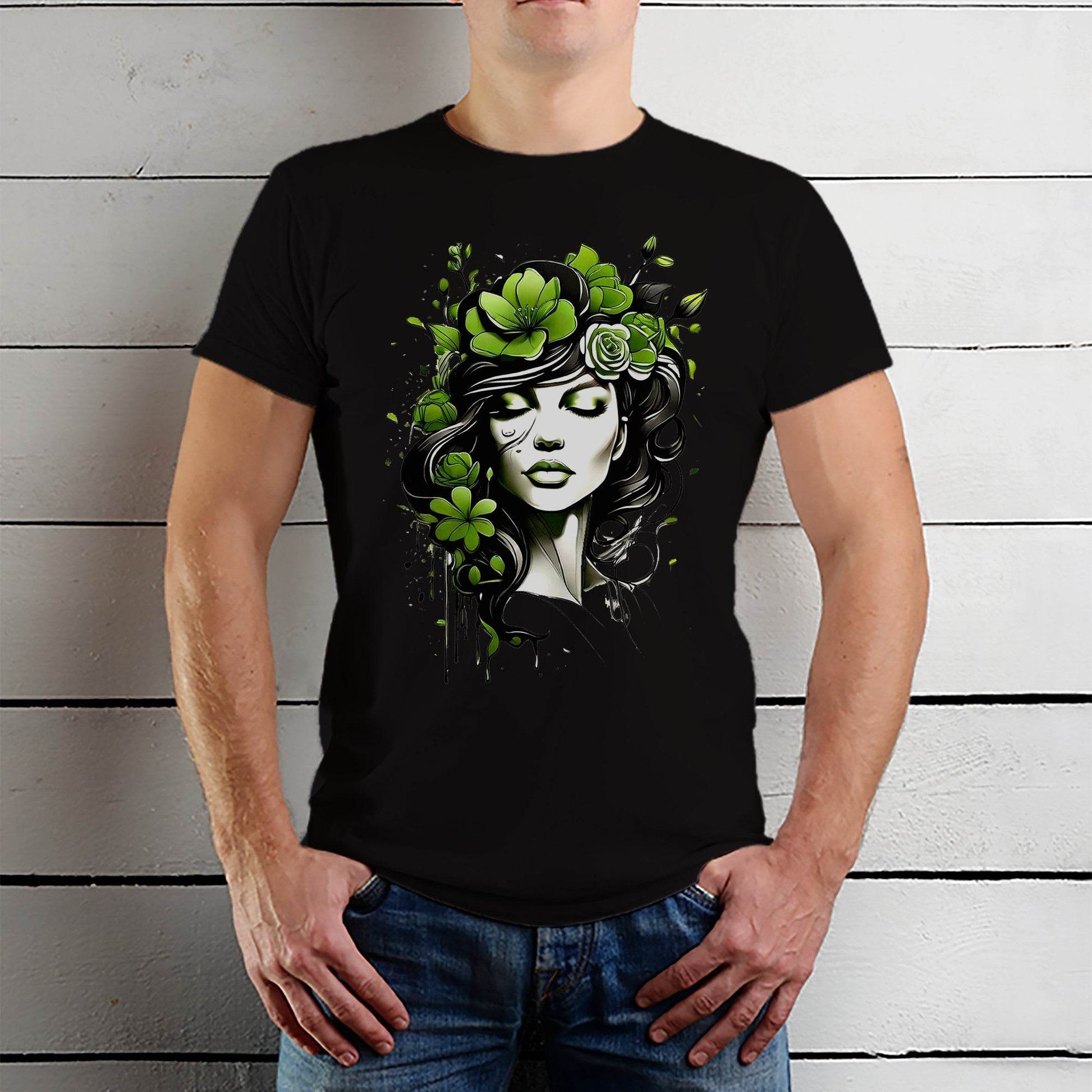 Woman with flowers art in green - Unisex Round Neck Regular Fit 100% Combed Cotton Half Sleeve T-Shirt - Mojilo Mart