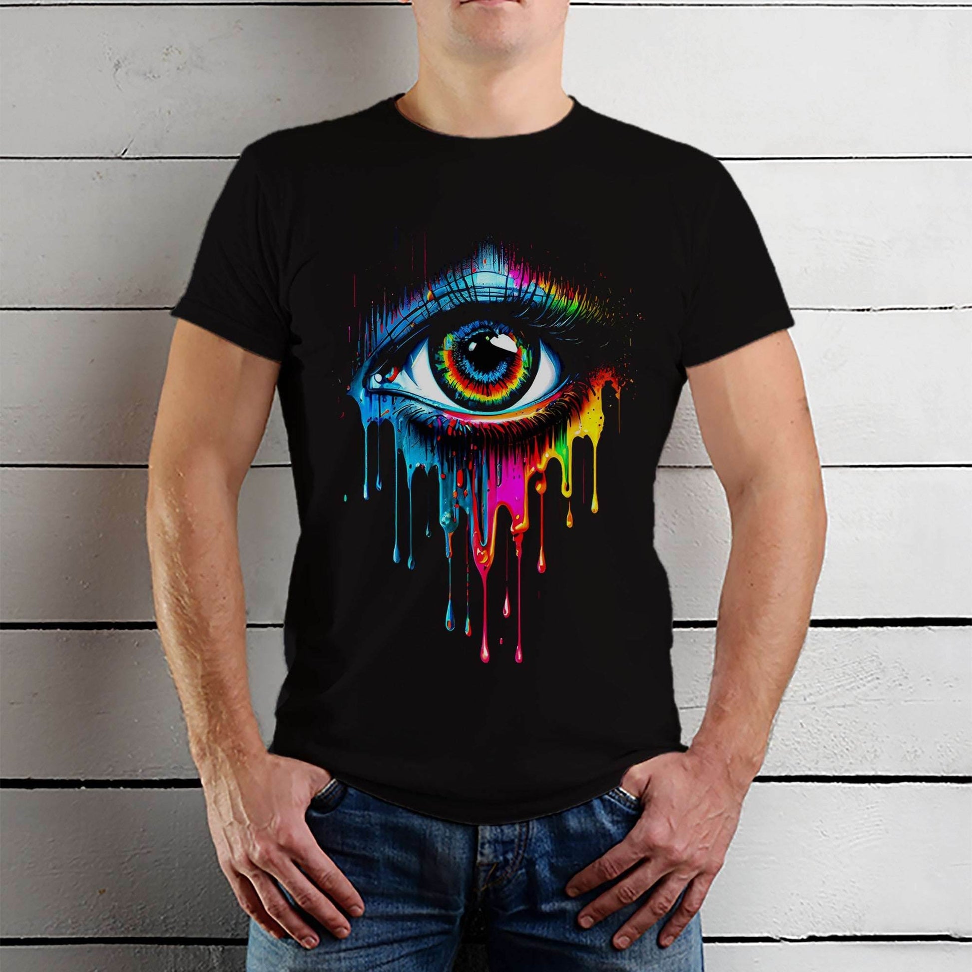 Aesthetic abstract eye with colourful drip effect - Unisex Round Neck Regular Fit 100% Combed Cotton Half Sleeve T-Shirt - Mojilo Mart