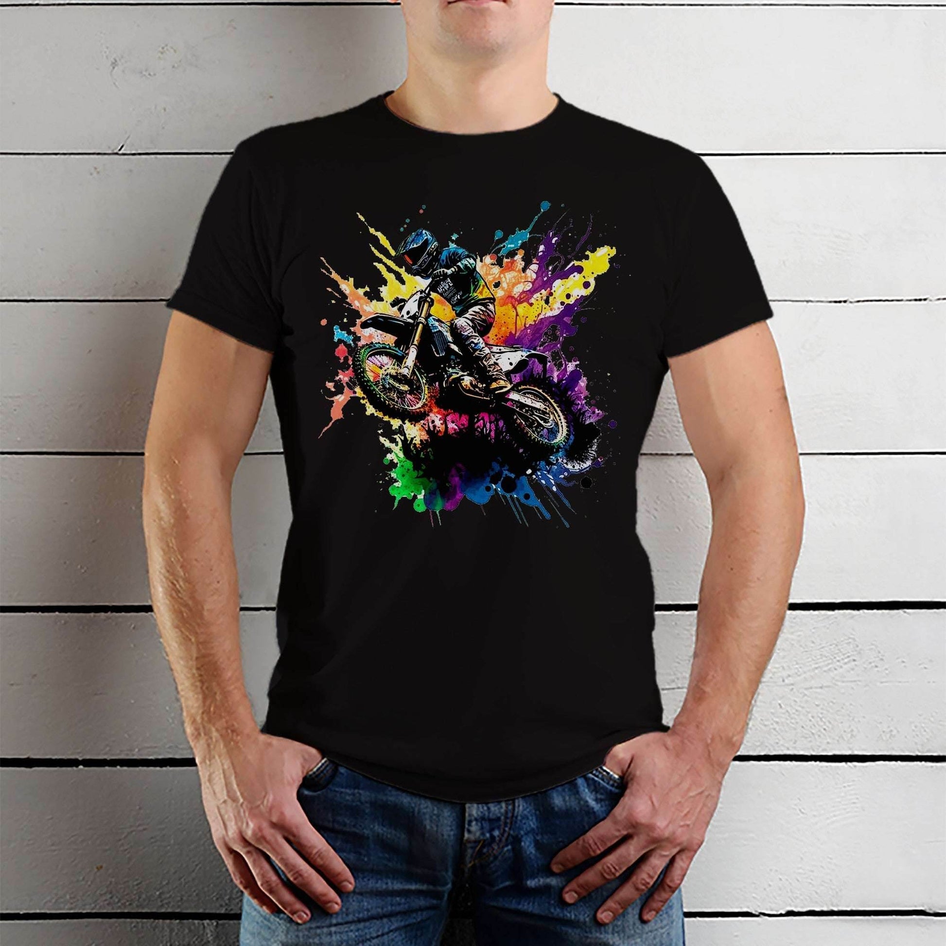 Motorcyclist riding a dirt bike in a colorful - Unisex Round Neck Regular Fit 100% Combed Cotton Half Sleeve T-Shirt - Mojilo Mart