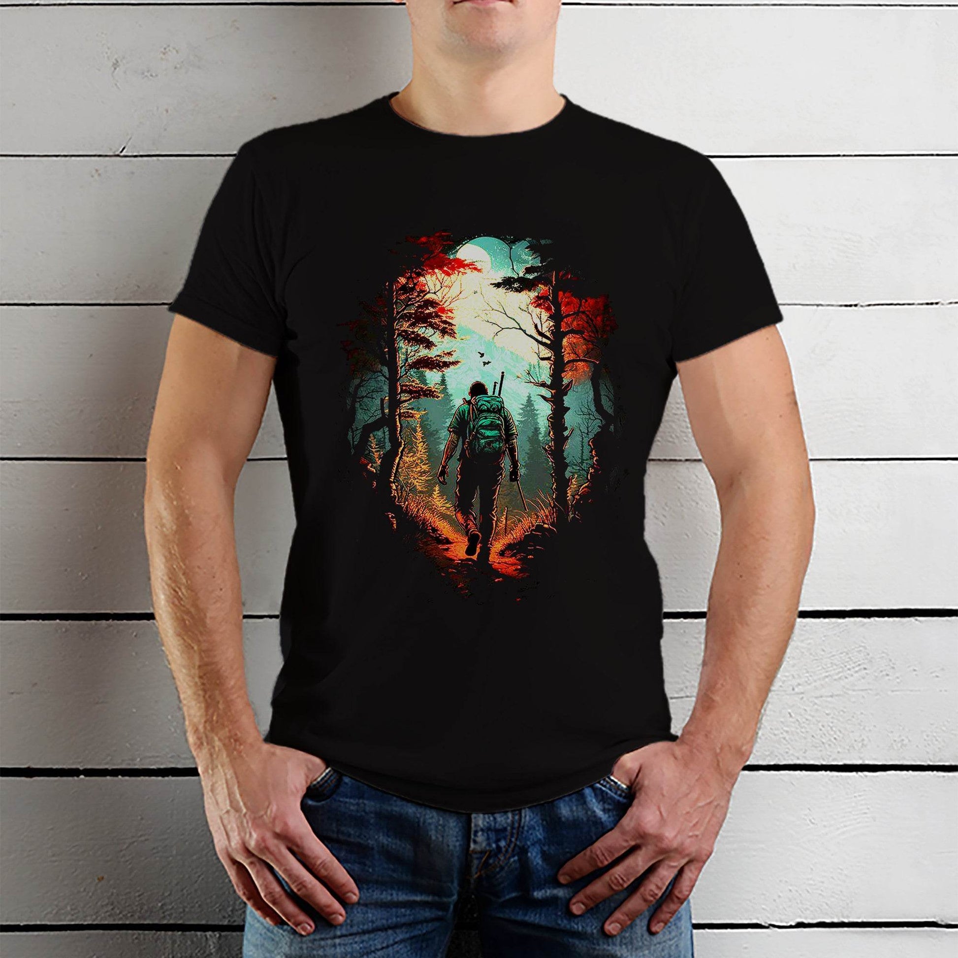 person walking in a forest with a bird flying - Unisex Round Neck Regular Fit 100% Combed Cotton Half Sleeve T-Shirt - Mojilo Mart