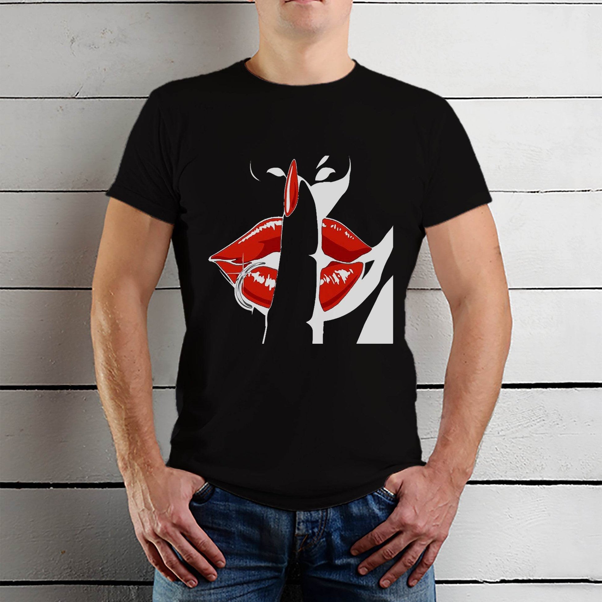 Womans hand with a finger pointing at a red lip - Unisex Round Neck Regular Fit 100% Combed Cotton Half Sleeve T-Shirt - Mojilo Mart