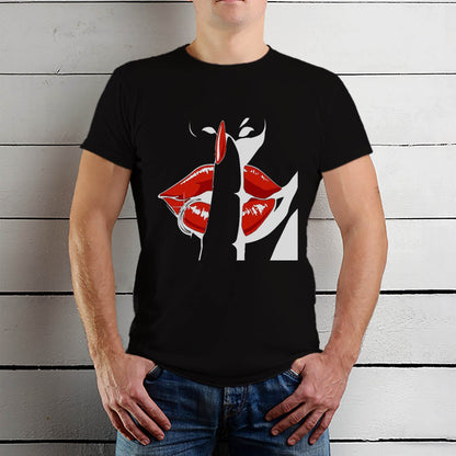 Womans hand with a finger pointing at a red lip - Unisex Round Neck Regular Fit 100% Combed Cotton Half Sleeve T-Shirt - Mojilo Mart