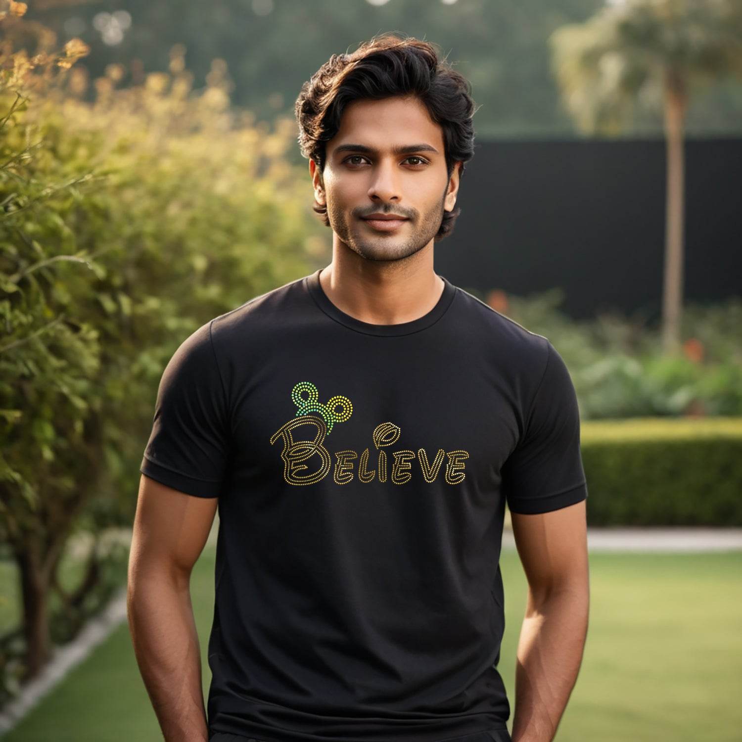 GOLD RAINBOW SPANGLE BELIEVE - Unisex Round Neck Regular Fit 100% Combed Cotton Half Sleeve T-Shirt - Mojilo Mart