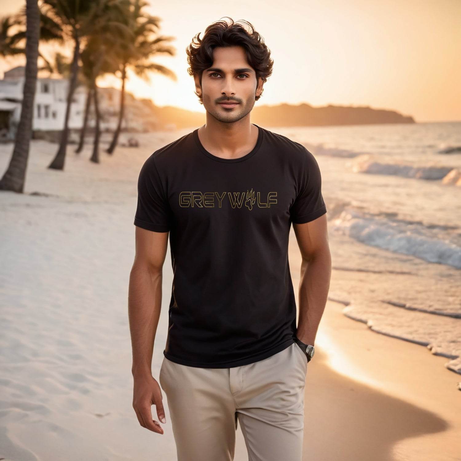 GOLD SPANGLE GREY WALF - Unisex Round Neck Regular Fit 100% Combed Cotton Half Sleeve T-Shirt - Mojilo Mart
