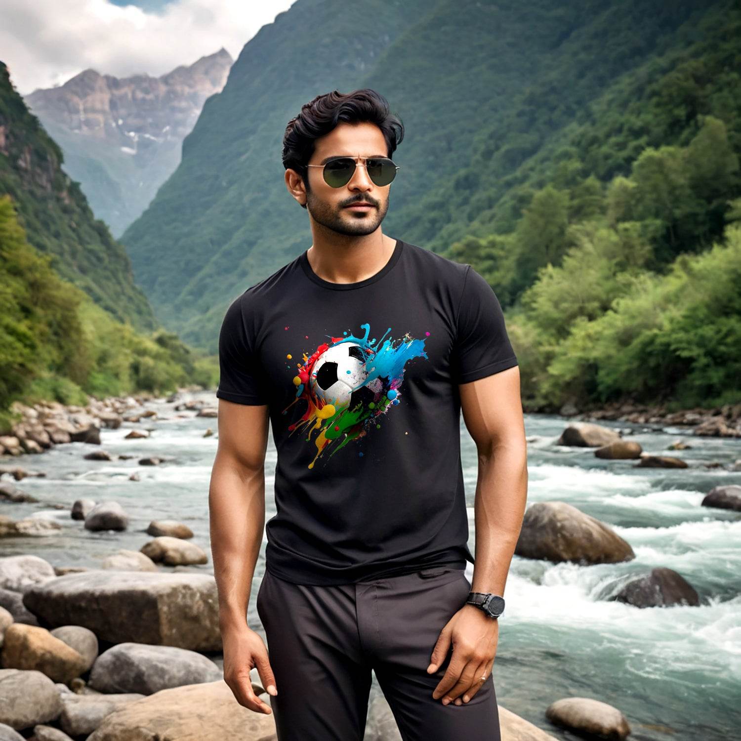 Soccer ball paint splash player team sports - Unisex Round Neck Regular Fit 100% Combed Cotton Half Sleeve T-Shirt - Mojilo Mart