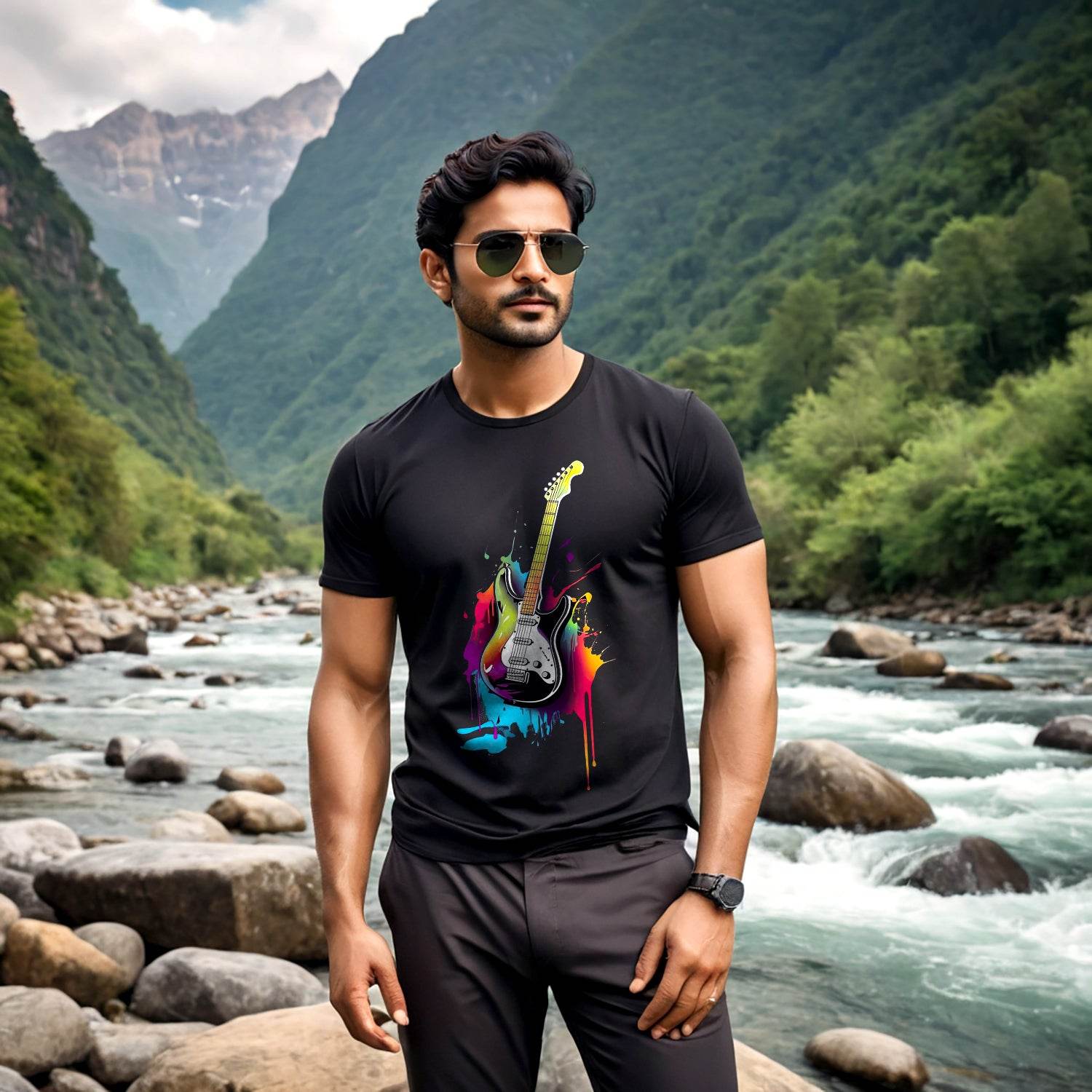 Colorful Guitar Music Instrument - Unisex Round Neck Regular Fit 100% Combed Cotton Half Sleeve T-Shirt - Mojilo Mart