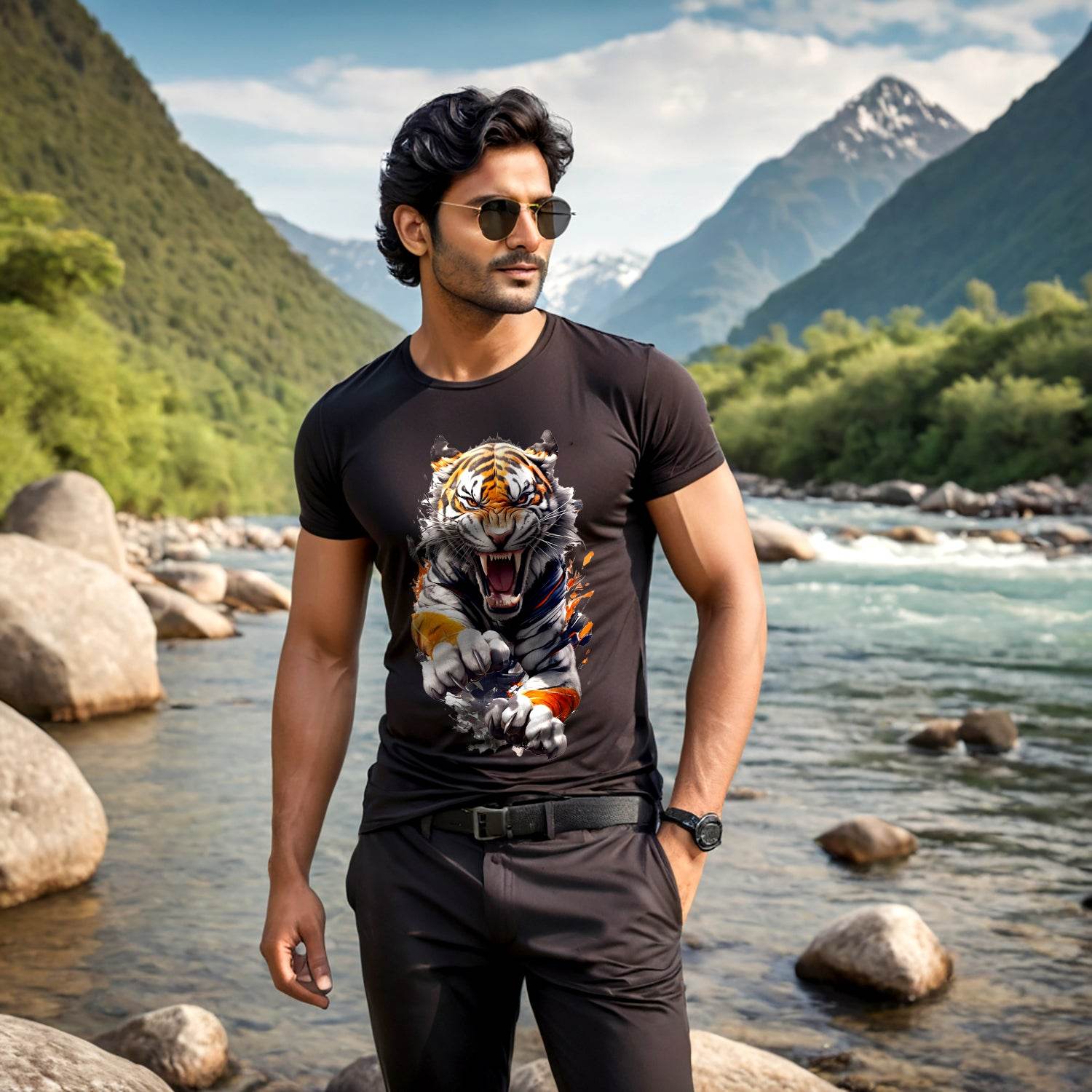 Vibrant tshirt featuring a tigers - Unisex Round Neck Regular Fit 100% Combed Cotton Half Sleeve T-Shirt - Mojilo Mart