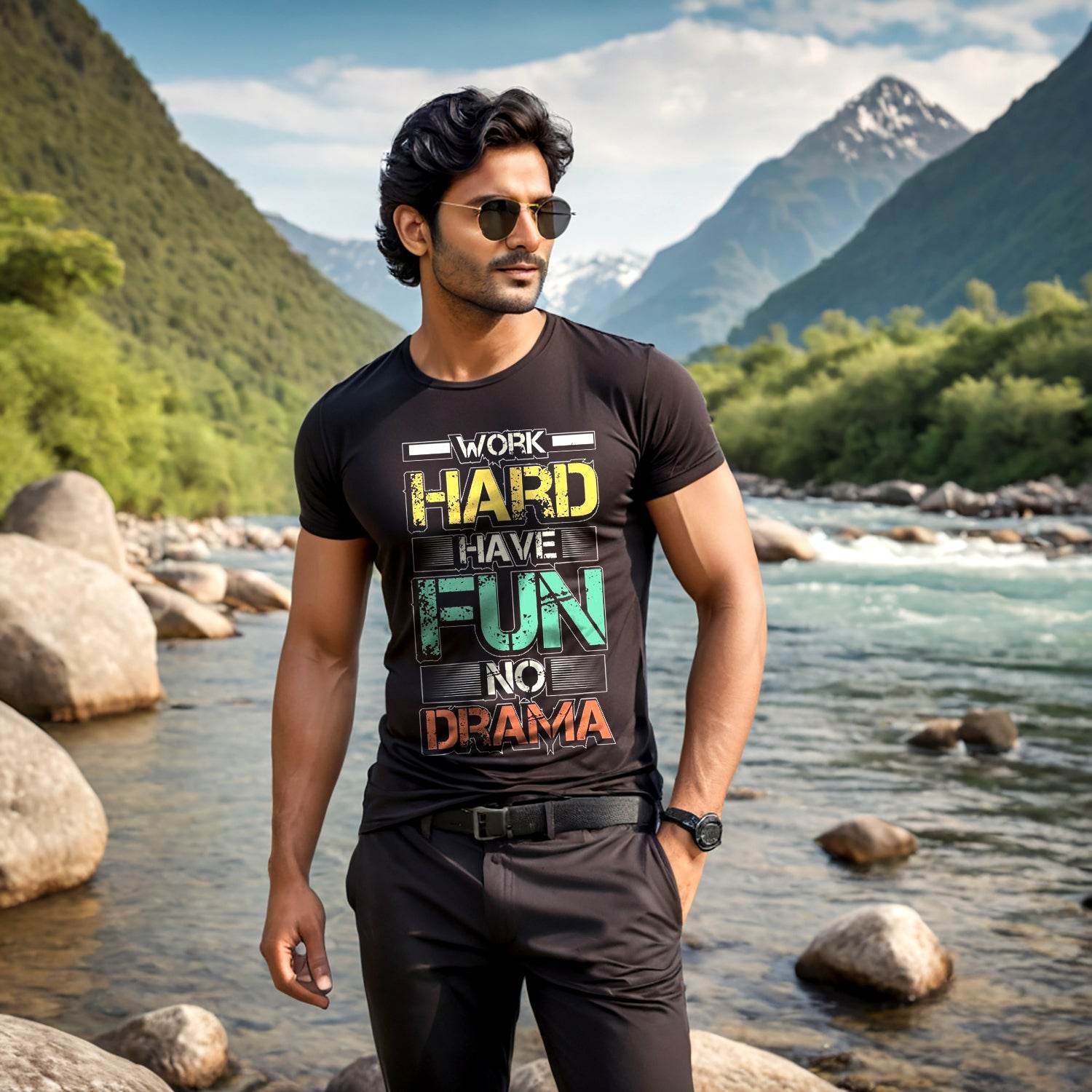 Work Hard Have Fun No Drama - Unisex Round Neck Regular Fit 100% Combed Cotton Half Sleeve T-Shirt - Mojilo Mart