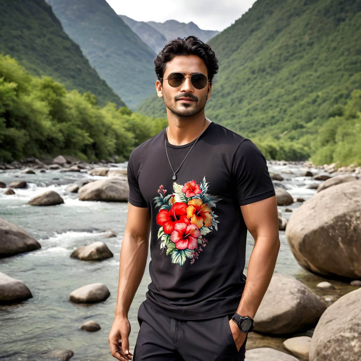 Stunning Tropical Hibiscus Flower - Unisex Round Neck Regular Fit 100% Combed Cotton Half Sleeve T-Shirt - Mojilo Mart