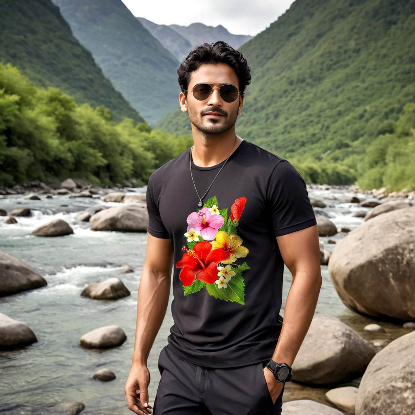 Hibiscus Bouquet Flower - Unisex Round Neck Regular Fit 100% Combed Cotton Half Sleeve T-Shirt - Mojilo Mart