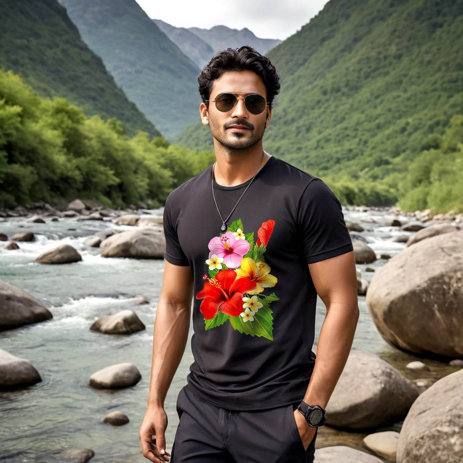 Hibiscus Bouquet Flower - Unisex Round Neck Regular Fit 100% Combed Cotton Half Sleeve T-Shirt - Mojilo Mart
