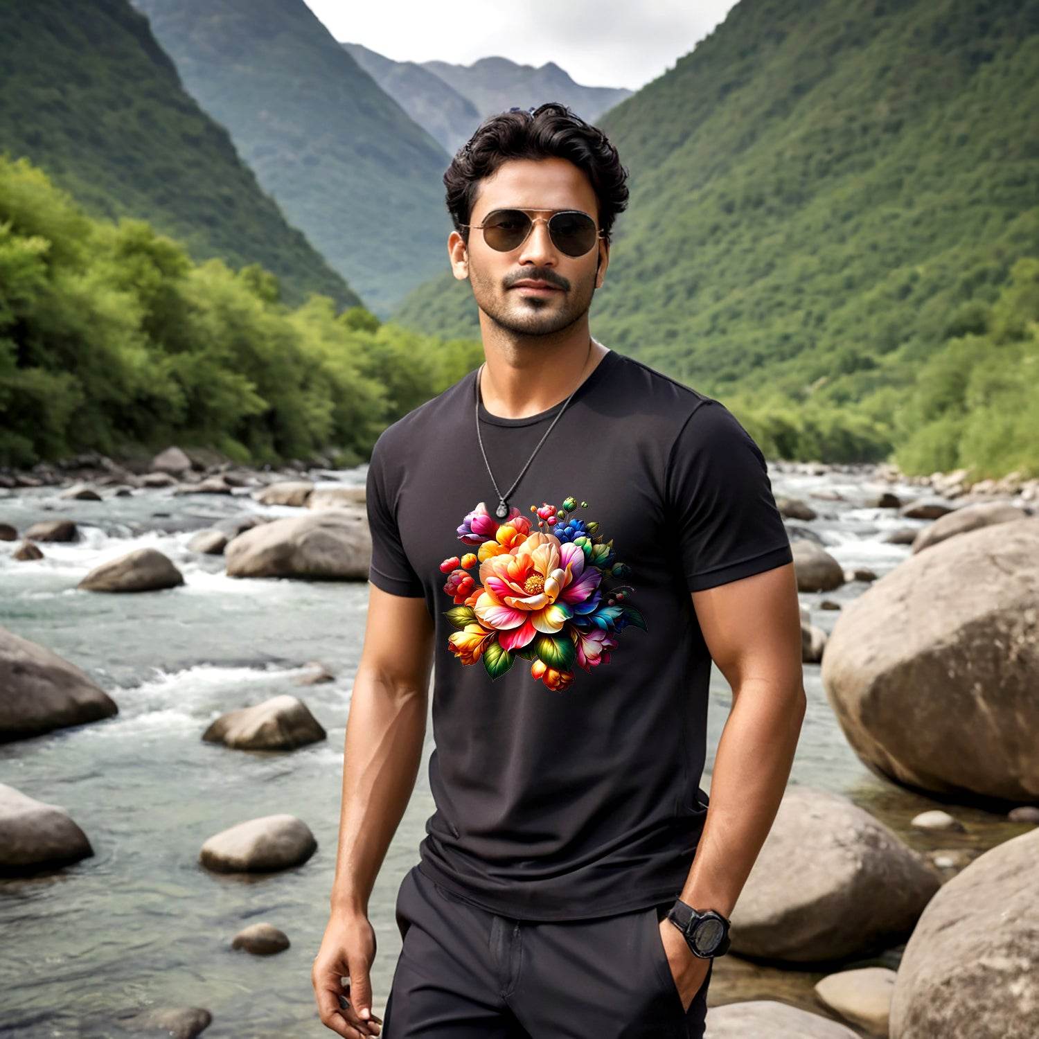 Beautiful Wildflower Colorful Botanical Flowers - Unisex Round Neck Regular Fit 100% Combed Cotton Half Sleeve T-Shirt - Mojilo Mart