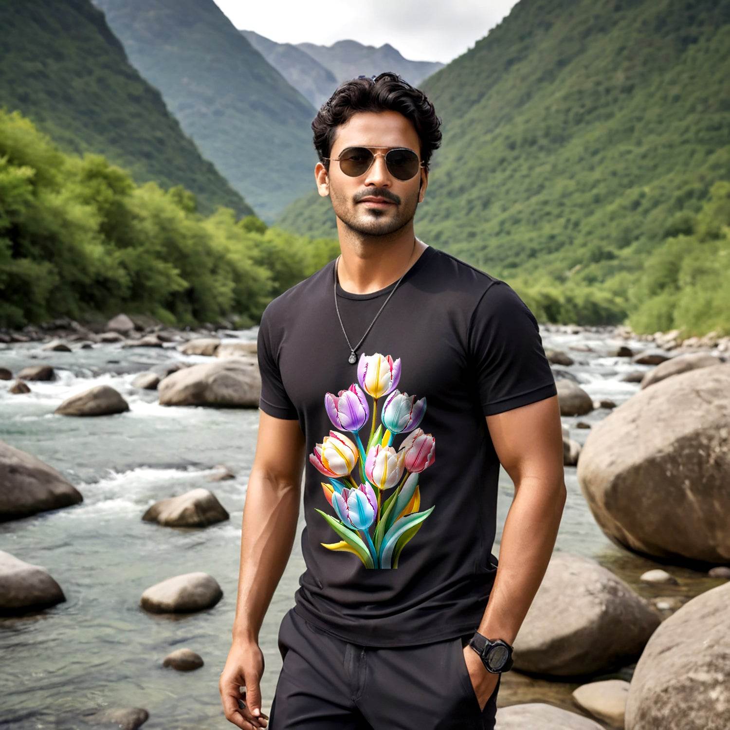 Tulips Flowers Plant Gardening Floral T-Shirt - Unisex Round Neck Regular Fit 100% Combed Cotton Half Sleeve T-Shirt - Mojilo Mart