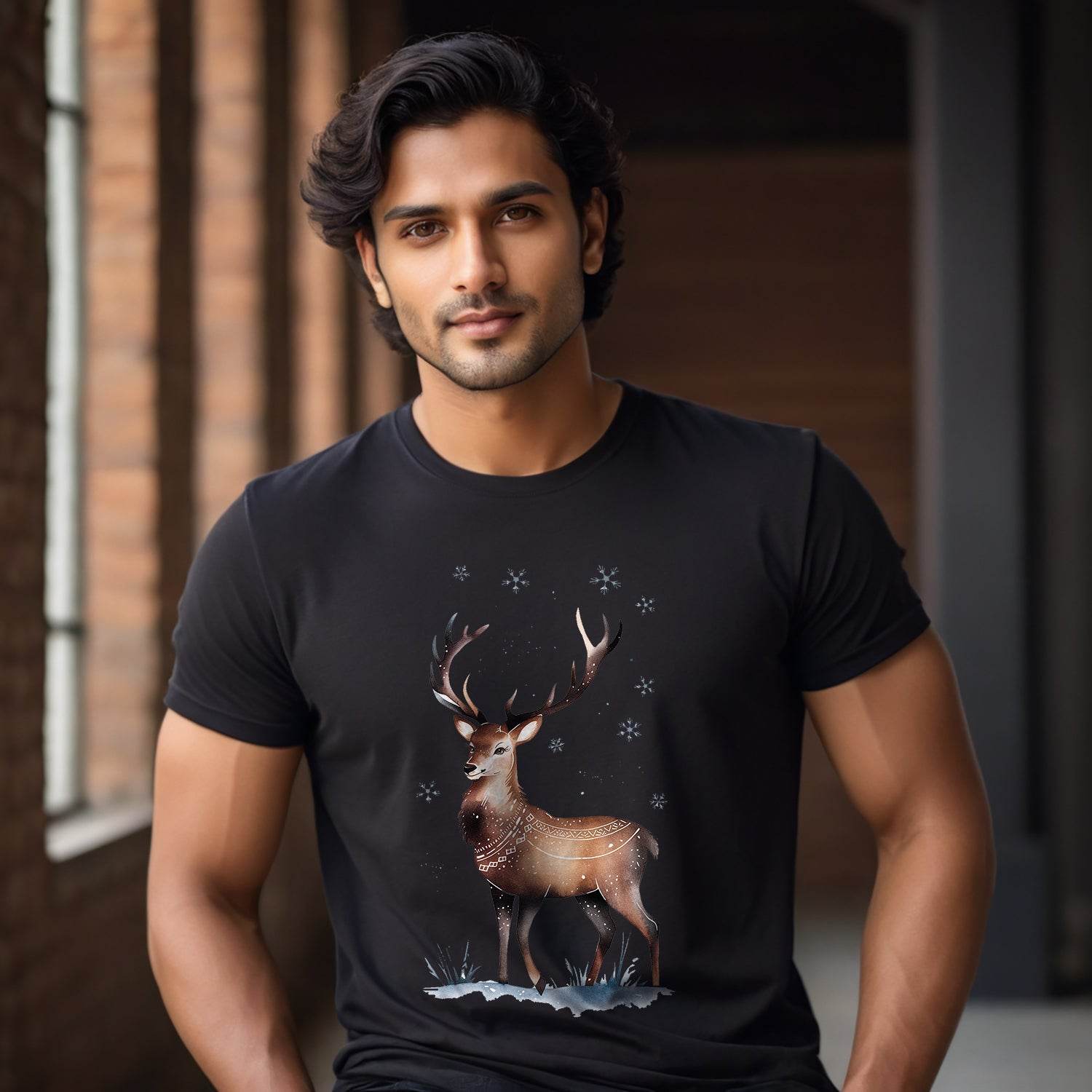 Cheerful Reindeer Graphic for Holiday - Unisex Round Neck Regular Fit 100% Combed Cotton Half Sleeve T-Shirt - Mojilo Mart