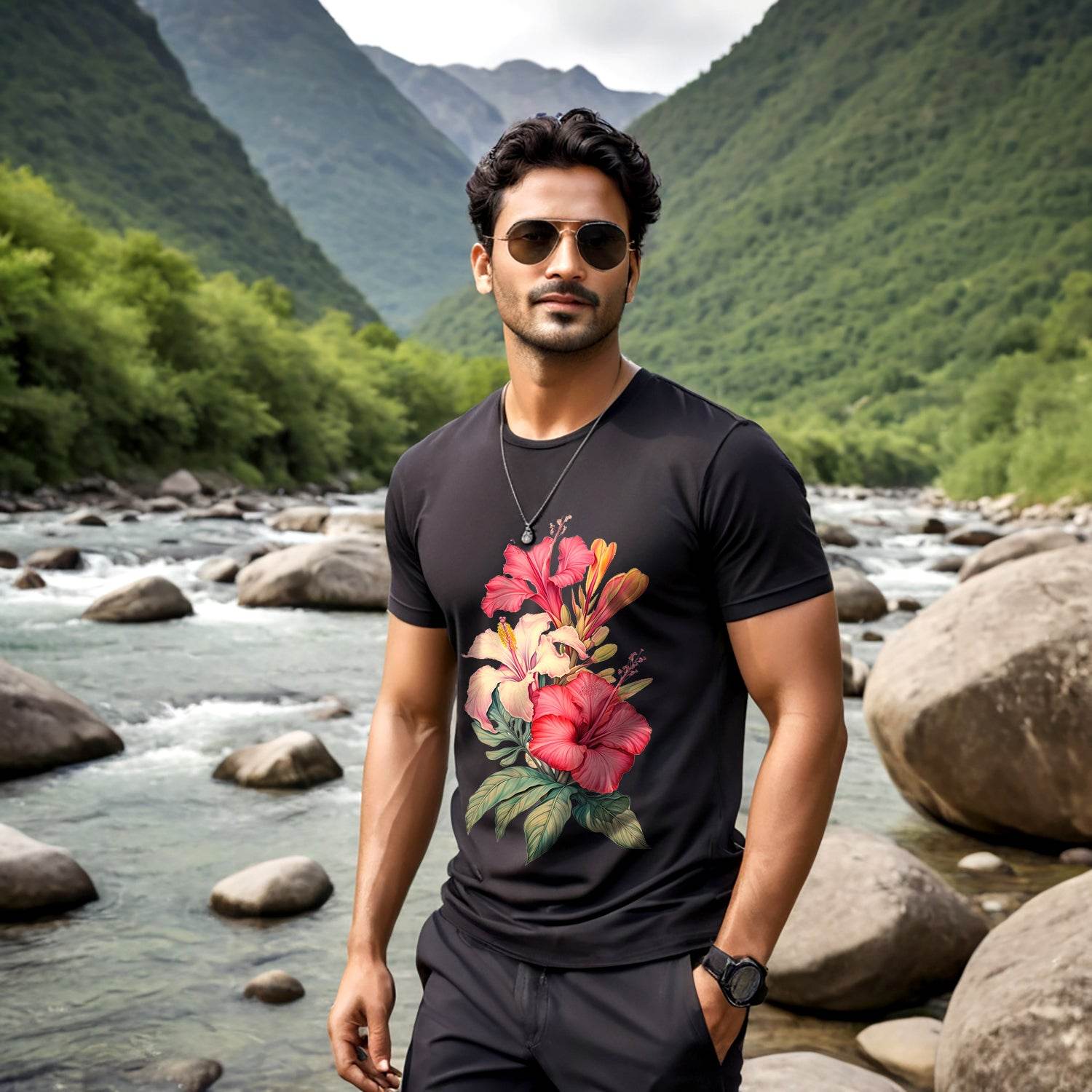 Hawaiian Flowers - Unisex Round Neck Regular Fit 100% Combed Cotton Half Sleeve T-Shirt - Mojilo Mart