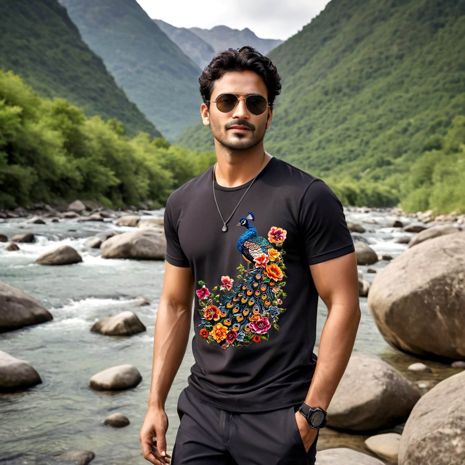 Floral Peacock Print - Unisex Round Neck Regular Fit 100% Combed Cotton Half Sleeve T-Shirt - Mojilo Mart