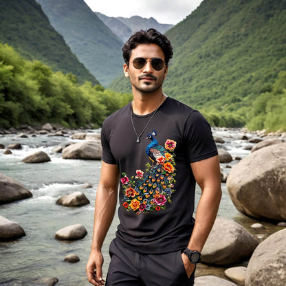 Floral Peacock Print - Unisex Round Neck Regular Fit 100% Combed Cotton Half Sleeve T-Shirt - Mojilo Mart