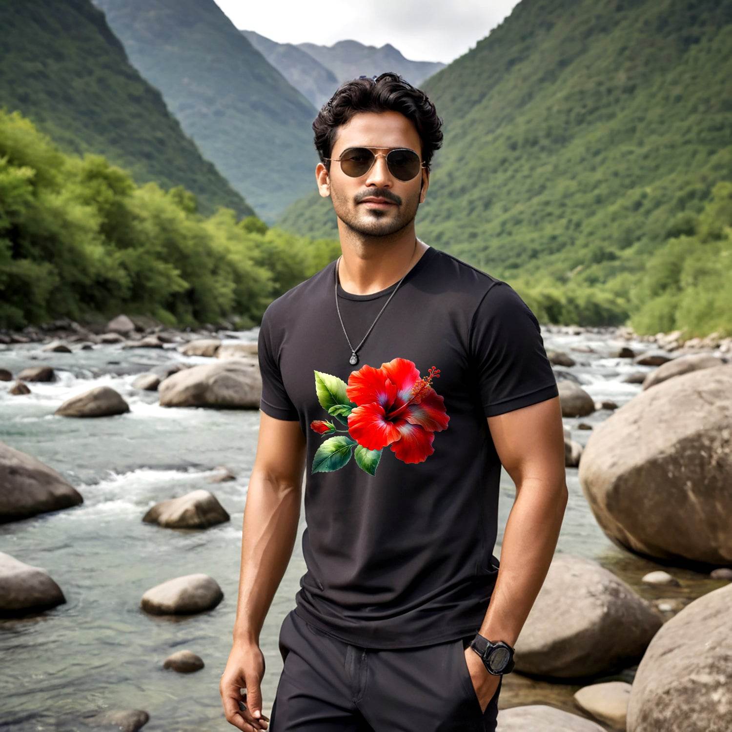 Hibiscus Flower Premium - Unisex Round Neck Regular Fit 100% Combed Cotton Half Sleeve T-Shirt - Mojilo Mart