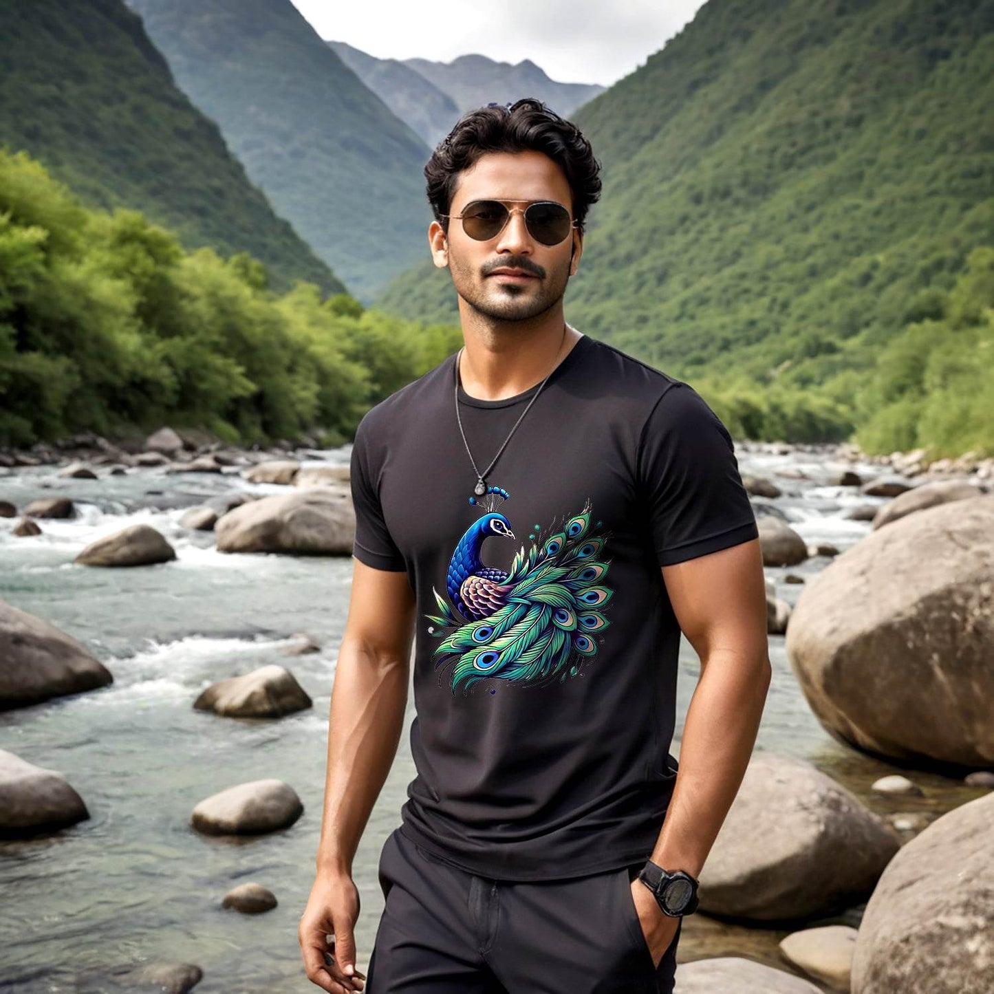 Beautiful Peacock - Unisex Round Neck Regular Fit 100% Combed Cotton Half Sleeve T-Shirt - Mojilo Mart