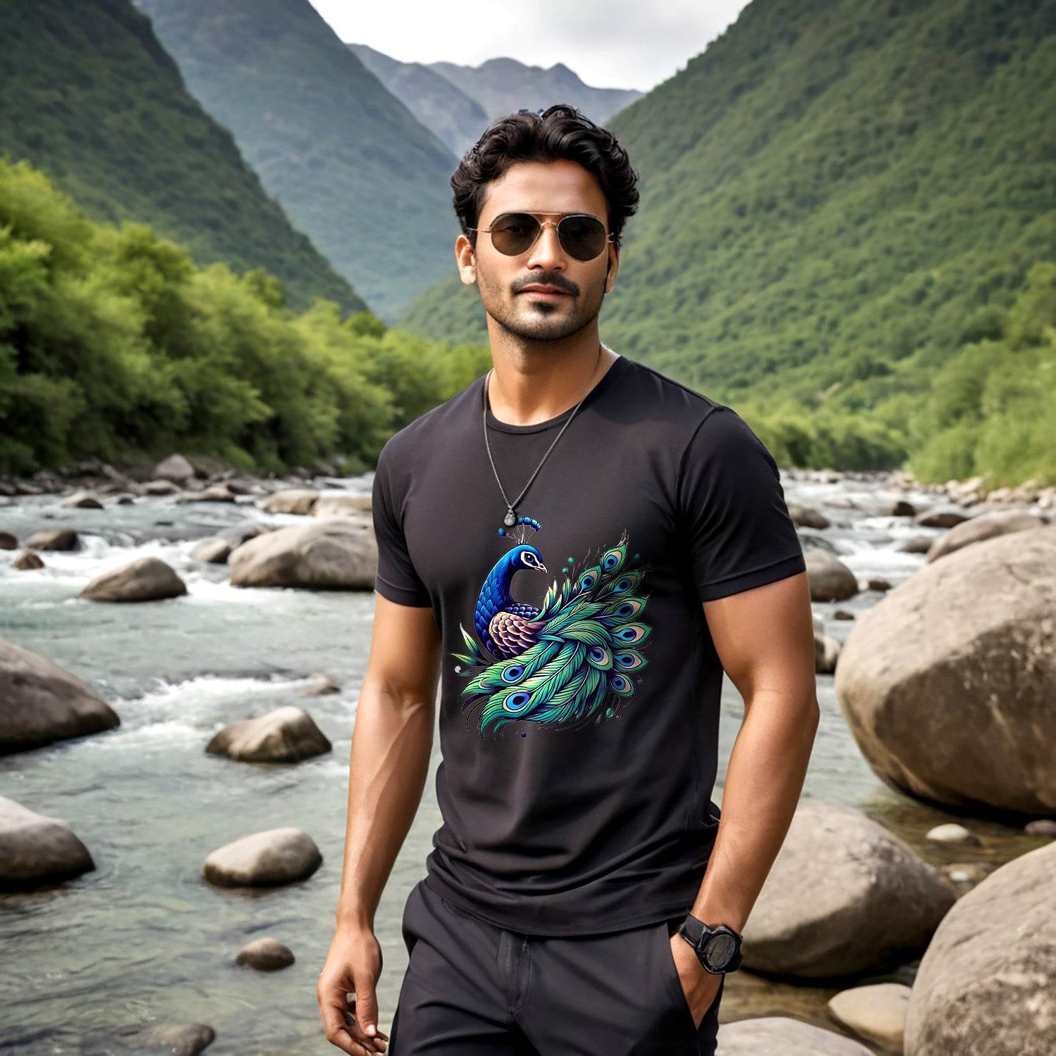 Beautiful Peacock - Unisex Round Neck Regular Fit 100% Combed Cotton Half Sleeve T-Shirt - Mojilo Mart