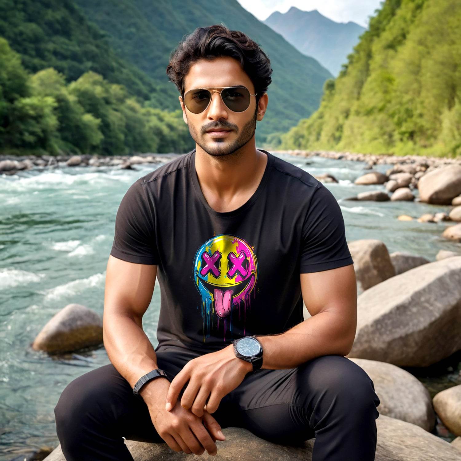 Melting Glitchy Smiling Face - Unisex Round Neck Regular Fit 100% Combed Cotton Half Sleeve T-Shirt - Mojilo Mart