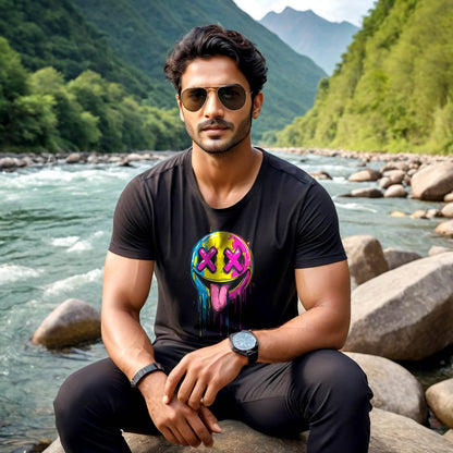 Melting Glitchy Smiling Face - Unisex Round Neck Regular Fit 100% Combed Cotton Half Sleeve T-Shirt - Mojilo Mart