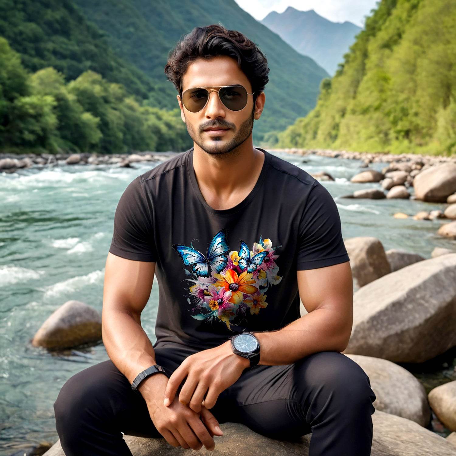 Aesthetic Flowers And Butterflies - Unisex Round Neck Regular Fit 100% Combed Cotton Half Sleeve T-Shirt - Mojilo Mart
