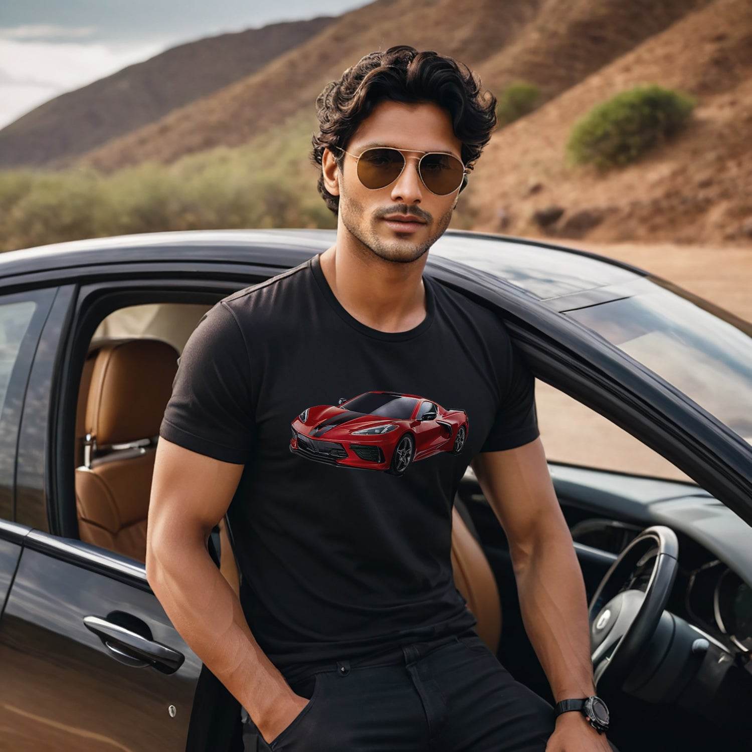 Red Chevy 'Vette C8 Mid Engine - Unisex Round Neck Regular Fit 100% Combed Cotton Half Sleeve T-Shirt - Mojilo Mart