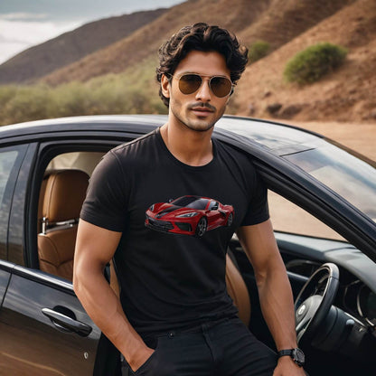 Red Chevy 'Vette C8 Mid Engine - Unisex Round Neck Regular Fit 100% Combed Cotton Half Sleeve T-Shirt - Mojilo Mart