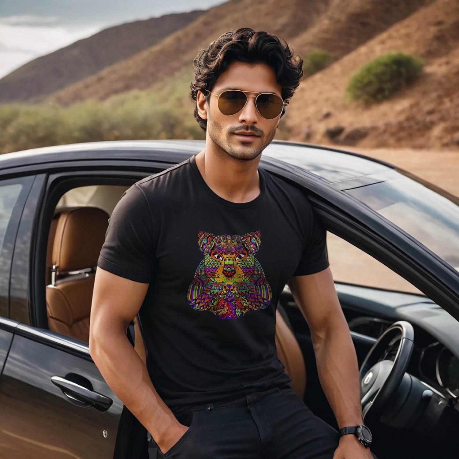 Wolf mandala colorful spectral wolf head gifts - Unisex Round Neck Regular Fit 100% Combed Cotton Half Sleeve T-Shirt - Mojilo Mart
