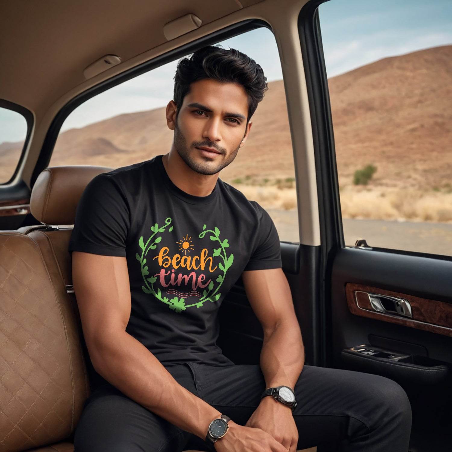 Beach Time - Unisex Round Neck Regular Fit 100% Combed Cotton Half Sleeve T-Shirt - Mojilo Mart