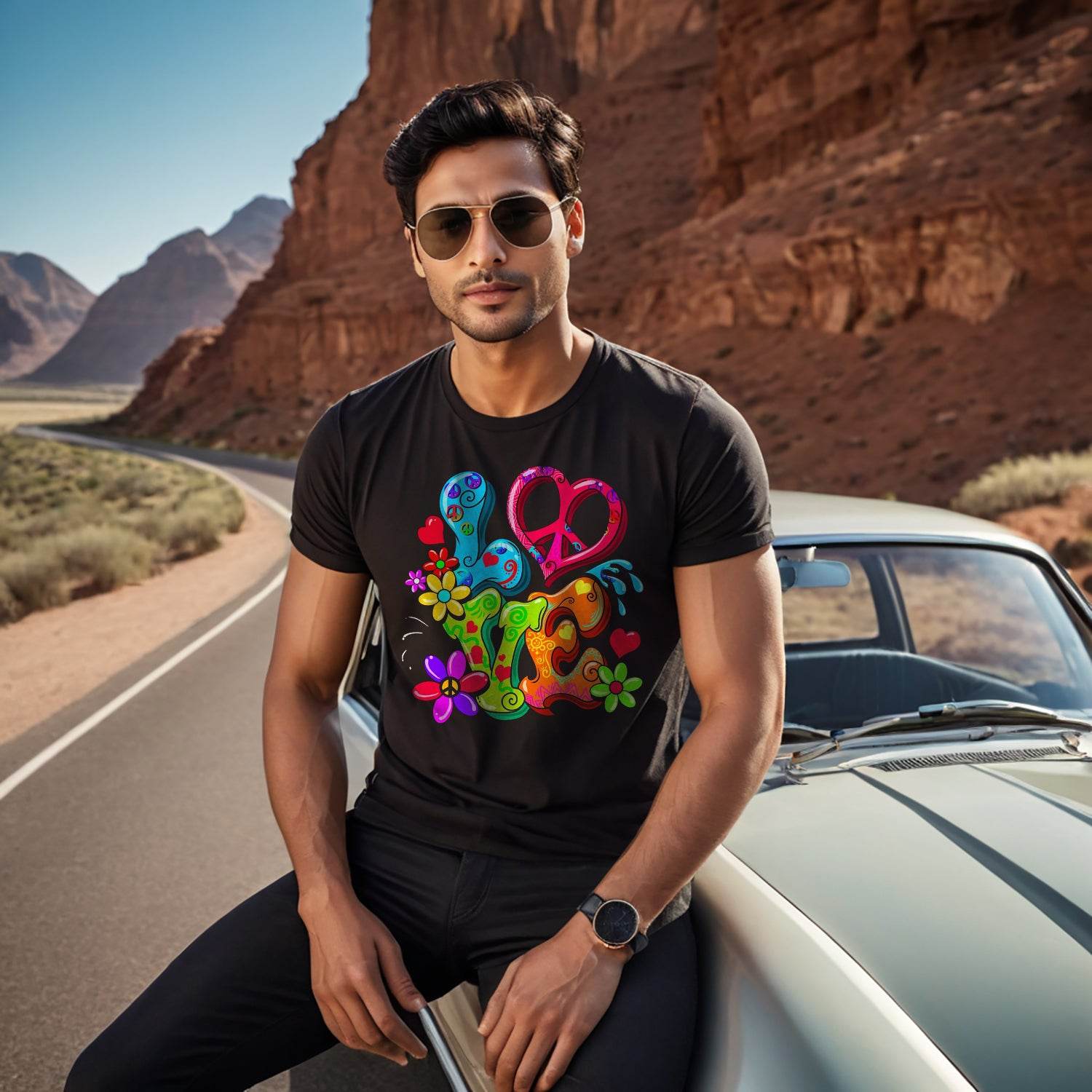 Love Peace Hand Sign Retro Floral Peace Symbol - Unisex Round Neck Regular Fit 100% Combed Cotton Half Sleeve T-Shirt - Mojilo Mart
